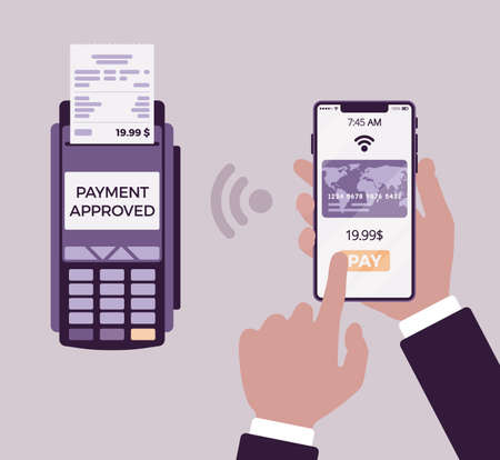 Credit card processing system, mobile phone merchant service. Hands close up make contactless payments using mobile phone, smartphone application platform. Vector flat style cartoon illustrationのイラスト素材