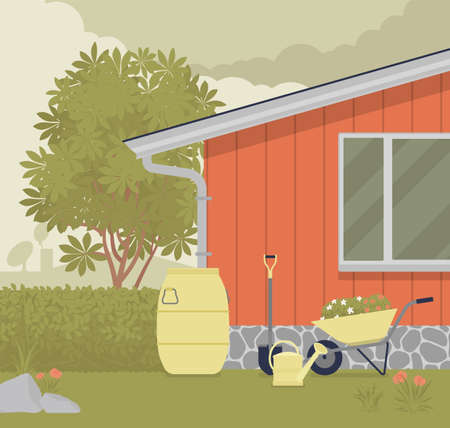 Rainwater rooftop harvesting downspout system, from the house into barrel. Runoff collection and storage of rain for reuse in household or garden in dry seasons. Vector creative stylized illustrationのイラスト素材