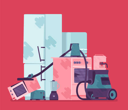 Electrical appliances disposal, amount of used e-waste piled. Damaged and destroyed broken household devices trash, domestic waste materials, junk, rubbish heap. Vector creative stylized illustrationのイラスト素材
