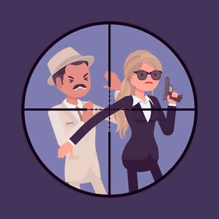 Bodyguard woman protecting important famous man in optical sniper sight. Security, focus aiming to vip celebrity, mafia boss, view through a telescopic circle. Vector flat style cartoon illustrationのイラスト素材