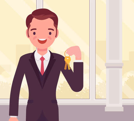 Happy smiling commercial real estate sale broker, male leasing agent. Handsome young man holding house or new apartment keys, brokerage professional service. Vector flat style cartoon illustrationのイラスト素材