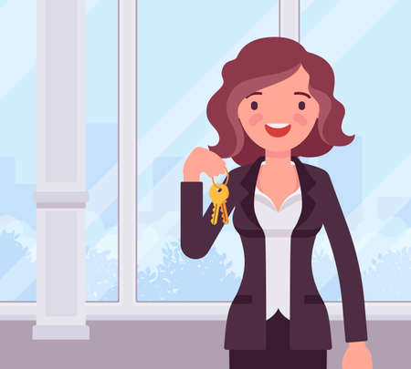 Happy smiling commercial real estate sale broker, female leasing agent. Handsome young woman holding house or new apartment keys, brokerage professional service. Vector flat style cartoon illustrationのイラスト素材