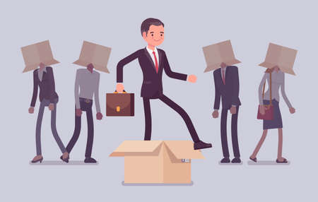 Think outside box, creative man generating new, different ideas. Metaphor of innovative, advanced, original strategy, remarkable person among ordinary people. Vector flat style cartoon illustrationのイラスト素材