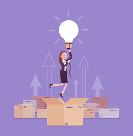 Think outside the box, bright creative woman. Original female person rising up high with lamp bulb, metaphor of innovation, energy, brainstorm and inspiration. Vector flat style cartoon illustrationのイラスト素材