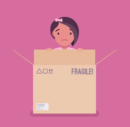 Inside the box, child of standard, normal or average thinking. Little girl hiding in a cardboard container, metaphor of simple, easy, typical life behavior. Vector flat style cartoon illustrationのイラスト素材