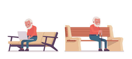 Old man, elderly person sitting on bench with laptop, cane. Senior citizen over 65 years, retired bearded grandfather, aged pensioner. Vector flat style cartoon illustration isolated, white backgroundのイラスト素材