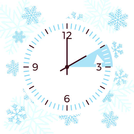 Winter time practice of shifting the clock back. Setting the clocks during cold month. Vector flat style cartoon illustration on white background, beautiful icy and snowflake designのイラスト素材