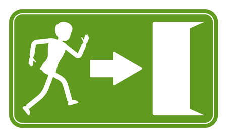 Emergency door exit sign, green safety evacuation indicator. Running man pictorial international representation, arrow showing the escape route, public facility. Vector flat style cartoon illustrationのイラスト素材