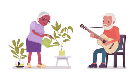 Old man, woman elderly person watering plant, playing guitar. Senior citizens over 65 years, retired grandparent, old age pensioner. Vector flat style cartoon illustration isolated on white backgroundのイラスト素材