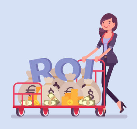 Return on Investment, ROI, businesswoman pushing trolley full of cash. Young woman with dollar sack cart, positive gain, financial training business performance. Vector flat style cartoon illustrationのイラスト素材