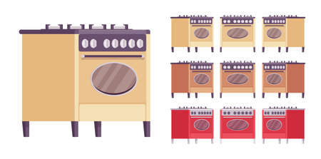 Retro stove set, kitchen appliance with vintage design. Device to cook and heat food, household equipment. Vector flat style cartoon illustration isolated on white background, different colors, viewのイラスト素材