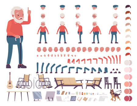 Old man, elderly person construction set. Senior citizen over 65 years, retired bearded grandfather, aged pensioner. Cartoon flat style infographic illustration, different emotions, skin, hair tonesのイラスト素材