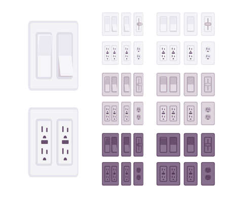 USA, Canada socket, wall light switch with wallplate set. American standard power special electric elements. Vector flat style cartoon illustration isolated, white background, different colors, viewのイラスト素材