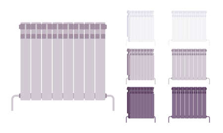 Modern wall mount radiator home heater set. Equipment to keep room, kitchen, bathroom and bedrooms warm. Vector flat style cartoon illustration isolated on white background, different colors and viewsのイラスト素材