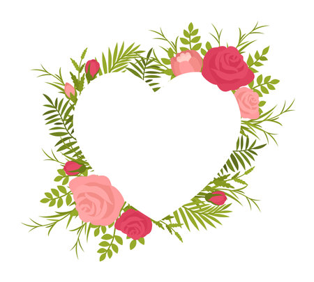 Floral spring heart shape frame, love and romance design. Blank greeting card decoration to say Happy Valentines Day for sweetheart. Vector flat style cartoon illustration isolated on white backgroundのイラスト素材