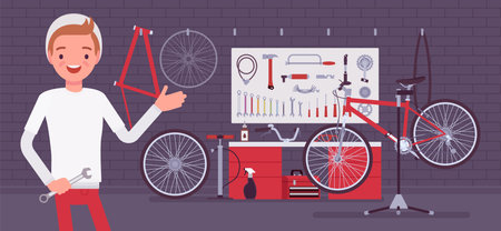Small scale business-owner, privately owned bicycle workshop. Young man, successful entrepreneur, individual start up project bike care, components, accessories. Vector flat style cartoon illustrationのイラスト素材