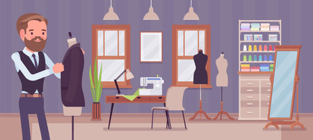 Small scale business-owner, privately owned tailor shop. Young man, successful entrepreneur, individual start up project of clothing making and garments sewing. Vector flat style cartoon illustrationのイラスト素材