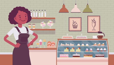 Small scale business-owner, privately owned confectionary store. Black woman, successful entrepreneur, individual start up project selling sweets, chocolates. Vector flat style cartoon illustrationのイラスト素材