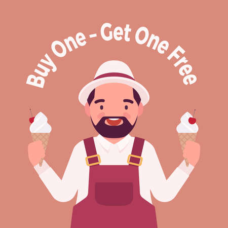 Buy one, get one free, ice cream shop sale promotion. Fat handsome positive man seller offering two products for same price, marketing tactic for retailers. Vector flat style cartoon illustrationのイラスト素材