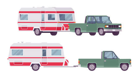 Camper pick up car with wagon for family camping trip