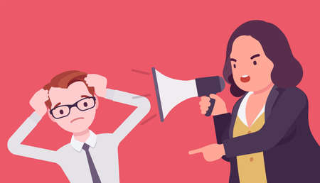 Bossy woman crying into megaphone in loud voice addressing manのイラスト素材