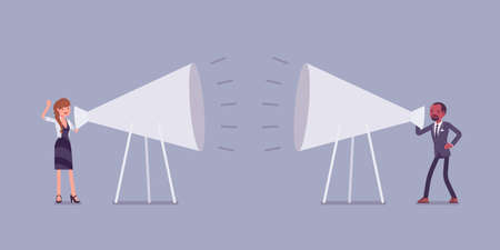 Giant megaphone shout out, man, woman shouting at each otherのイラスト素材