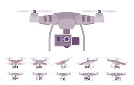 Quadcopter set, unmanned helicopter with four rotors, cameraのイラスト素材