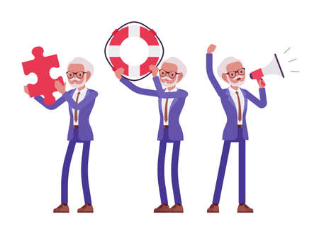 Handsome old man in elegant formal suit with puzzle, megaphoneのイラスト素材