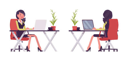 Businesswoman in secretary office dress working with laptop at deskのイラスト素材