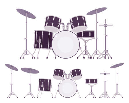 Complete drum set with cymbals and stands. Percussion instruments for training, stage performance. Vector flat style cartoon illustration isolated, white background, different views, positionsのイラスト素材