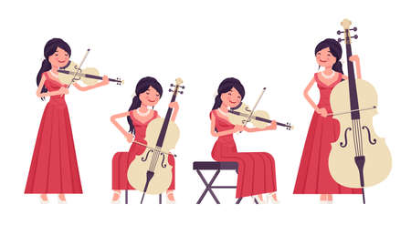 Musician, elegant red evening dress woman playing string bow instruments. Classical music event, concert, wedding party performance. Vector flat style cartoon illustration isolated, white backgroundのイラスト素材