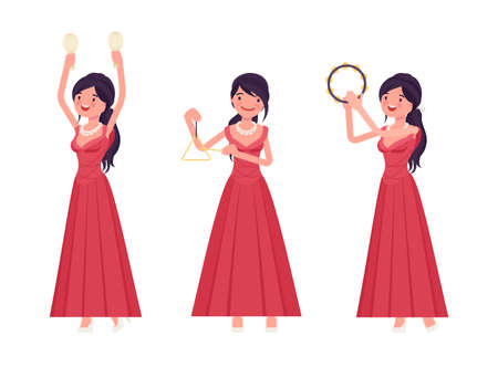 Musician, elegant evening dress woman playing professional percussion instrumentsのイラスト素材