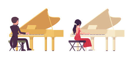Musician, elegant man, woman playing professional grand piano instrumentのイラスト素材