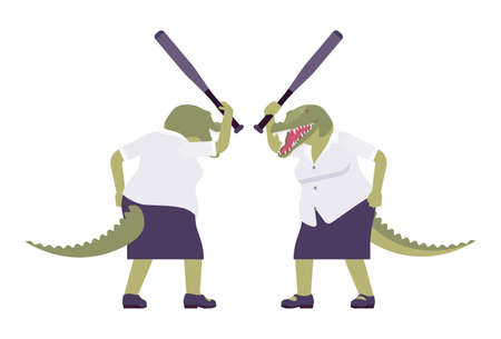 Crocodile woman, green reptile, animal head, tail human with batのイラスト素材