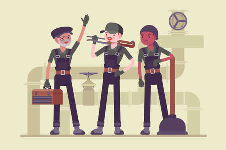 Professional plumbing service team, technicians, fixing blocks and leakagesのイラスト素材