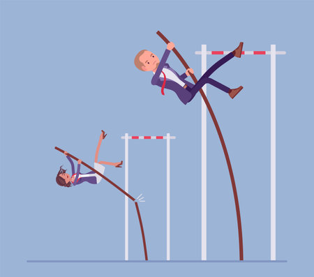 Business competitors attempt to vault over high bar with poleのイラスト素材