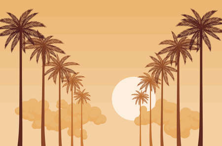 Palm tree tropical row silhouette, sunset sea shore beach sceneryのイラスト素材