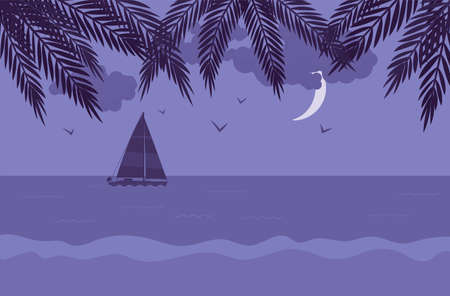 Palm tree night silhouette, sailboat, sea shore beach stunning sceneryのイラスト素材