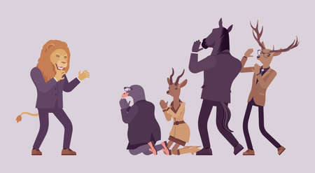 Animal deer, roe, gull, horse kneel before angry lion boss. Workers and strong business male person of great physical power, office king in aggressive action against employees. Vector illustrationのイラスト素材