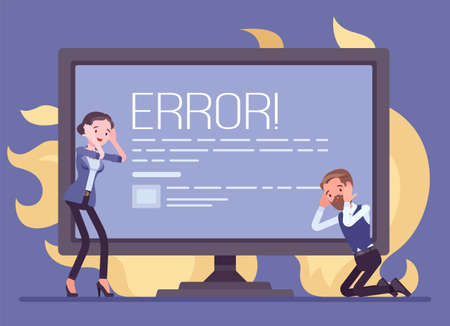 Computer blue screen of death, stop error, fatal system problem. Frustrated office male, female clerk in panic with device crash in fire, hardware failure, software stop working. Vector illustrationのイラスト素材