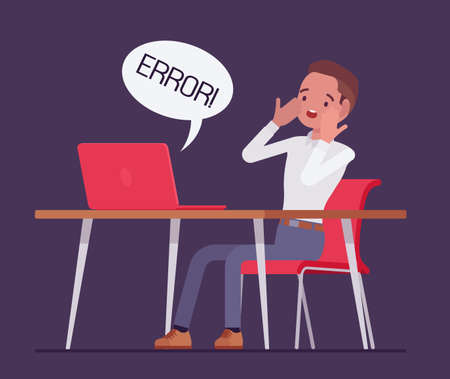 Office male clerk afraid of computer failure, hardware, software error. Businessman in frustration, panic, employee at working desk, data, internet network problem, malfunction. Vector illustrationのイラスト素材