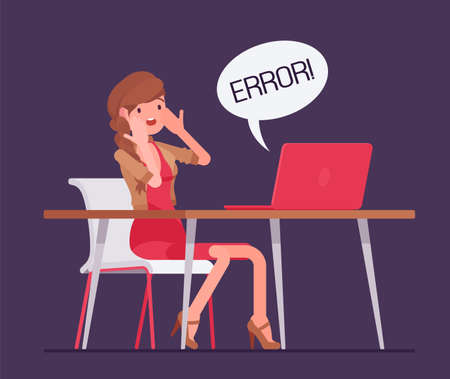 Office female clerk afraid of computer failure, hardware, software error. Businessman in frustration, panic, employee at working desk, data, internet network problem, malfunction. Vector illustrationのイラスト素材