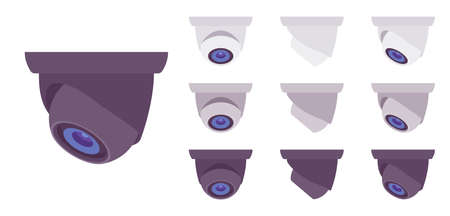 CCTV, closed circuit television equipment set, security surveillance dome camera. Professional video office control, home protection. Vector flat style cartoon illustration, different views and colorsのイラスト素材