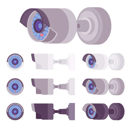 CCTV, bullet camera, closed circuit television system equipment set. Security technology, professional video surveillance, control. Vector flat style cartoon illustration, different views and colorsのイラスト素材