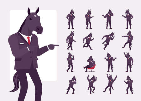 Horse man, large hoofed male animal, human wear character set. Business person, businessman in dark suit, strong working office employee. Full length, different views, gestures, emotions, positionのイラスト素材