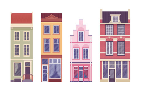 Townhouse set, tall narrow houses in town or city. Multilevel residential separate buildings, beautiful Dutch exterior, first floor for cafe, shop, store rent. Vector flat style cartoon illustrationのイラスト素材