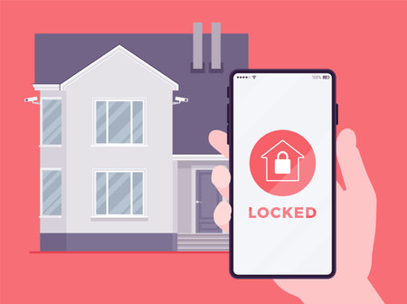Smart home equipped with safety device controlled remotely by smartphone. Security access, monitoring technology, hand holding phone with locked on screen. Vector flat style cartoon illustrationのイラスト素材