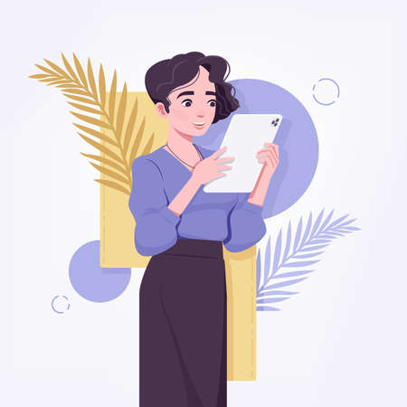 Office girl young secretary, businesswoman standing with tablet. Beautiful modern female social media profile picture business portrait. Vector flat style creative illustration abstract art backgroundのイラスト素材