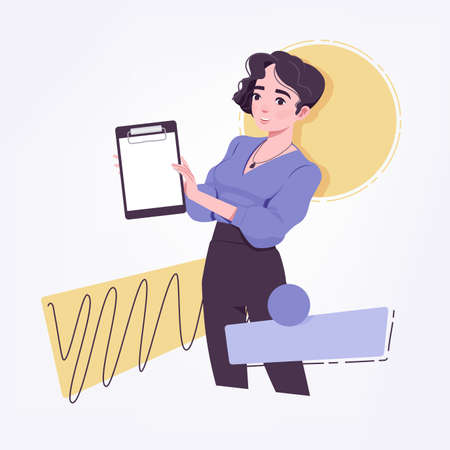 Office girl, young secretary or businesswoman with empty clipboard. Beautiful female social media...