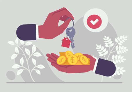 Property buying, selling business, key and coin deal. Contract apartment marketing, resident management, approved loan mortgage, hands close up in agreement exchange, tick mark. Vector illustrationのイラスト素材